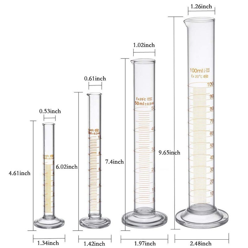BOMEX Glass Graduated Cylinder Set Thick Measuring Cylinders 5ml 10 ml 50ml 100ml with 2 Glass Stirring Rod and 1 Brush - Image 2
